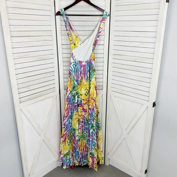 Milly Oria Waves of Zerbra Pleated Halter Maxi Dress Yellow Pink Multi Size 4 - Picture 12 of 15